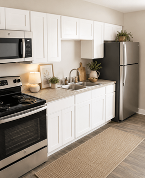Raleigh townhouse for rent - A modern kitchen with white cabinets and stainless steel appliances.