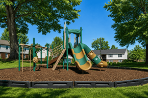 Raleigh townhouse for rent - A playground with a green slide and brown sandbox.