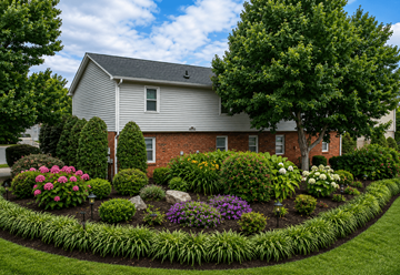 Raleigh townhouse for rent - A house with a grey roof and a flower bed in front.