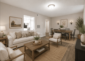 Raleigh townhouse for rent - A living room with a white couch, a wooden coffee table, and a dining table with chairs.