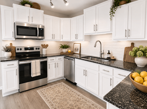 Durham apartment for rent - A modern kitchen with white cabinets and black countertops.