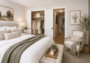 Durham apartment for rent - A well-lit bedroom with a large bed and a chair.