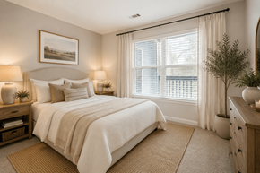 Durham apartment for rent - A bedroom with a large bed and a painting on the wall.