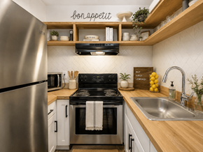Raleigh apartment for rent - A modern kitchen with a stainless steel refrigerator and a black stove top.