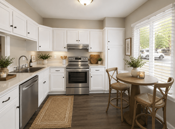 Raleigh townhouse for rent - A kitchen with white cabinets and a wooden table.