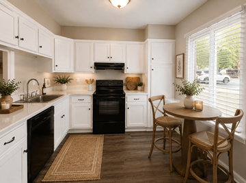 Raleigh townhouse for rent - A kitchen with white cabinets and black appliances.