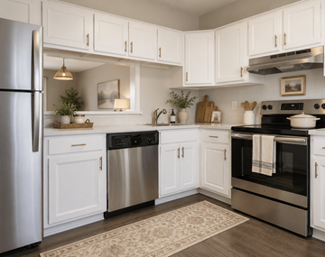 Raleigh townhouse for rent - A kitchen with white cabinets and stainless steel appliances.