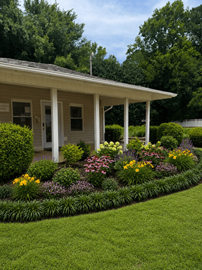 Raleigh townhouse for rent - A small white building with a porch and a flower bed in front.