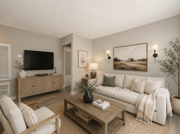 Durham apartment for rent - A living room with a white couch, a wooden coffee table, and a painting on the wall.
