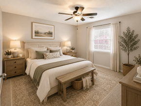Raleigh townhouse for rent - A bedroom with a large bed, a ceiling fan, and a painting on the wall.