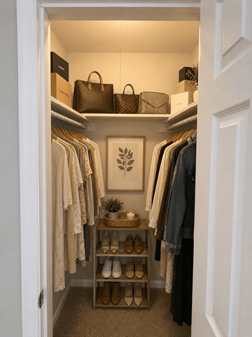 Raleigh townhouse for rent - A white closet with clothes and shoes.