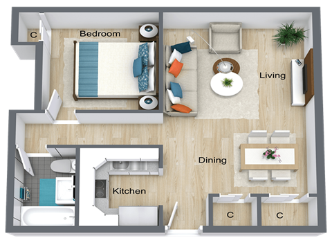 Floor plan for 1 bed, 1 bath, 500 sqft
