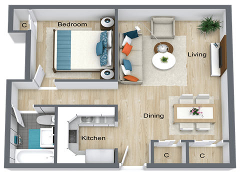 Floor plan for 1 bed, 1 bath, 500 sqft