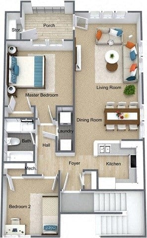 Floor plan for 2 beds, 1 bath, 812 sqft