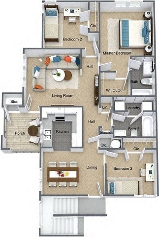 Floor plan for 3 beds, 2 baths, 1008 sqft