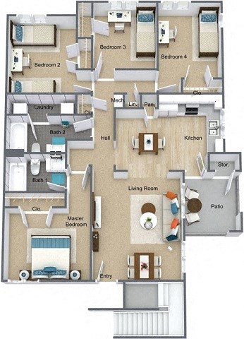 Floor plan for 4 beds, 2 baths, 1264 sqft