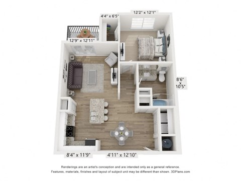Floor plan for 1 bed, 1 bath, 776 sqft
