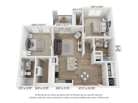 Floor plan for 2 beds, 2 baths, 1114 sqft