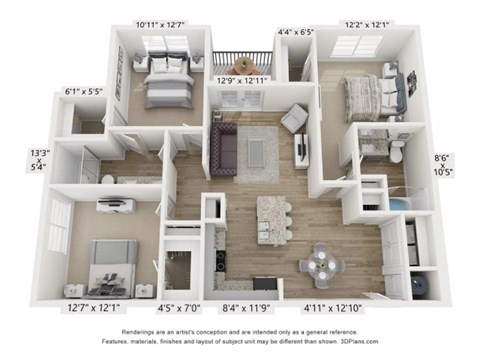Floor plan for 3 beds, 2 baths, 1291 sqft