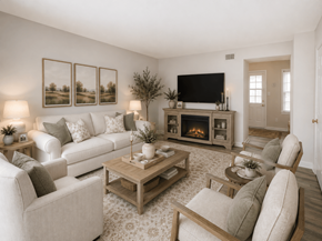 Charlotte apartment for rent - A living room with a white couch, a wooden coffee table, and a fireplace.