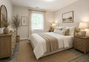 Raleigh townhouse for rent - A bedroom with a large bed, two nightstands, and a window with curtains.