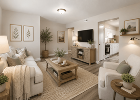 Raleigh townhouse for rent - A living room with a white couch, a wooden coffee table, and a flat-screen TV mounted on the wall.