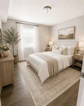 Durham apartment for rent - A bedroom with a large bed and a painting on the wall.