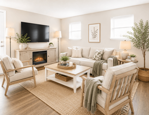 Durham apartment for rent - A living room with a fireplace, a couch, a chair, and a television.