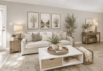 Durham apartment for rent - A living room with a white couch, a coffee table, and a side table with a lamp.