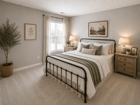 Durham apartment for rent - A bedroom with a large bed, nightstands, and a potted plant.