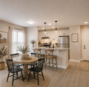 Durham apartment for rent - A kitchen with a table and chairs in the foreground and a fridge in the background.