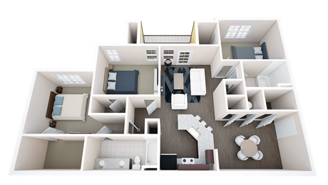 Floor plan for 3 beds, 2 baths, 1397 sqft