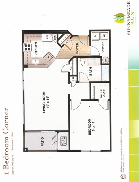 Floor plan for 1 bed, 1 bath, 950 sqft
