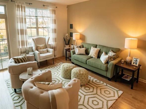 Hillsborough apartment for rent - A living room with a green couch and a white chair.
