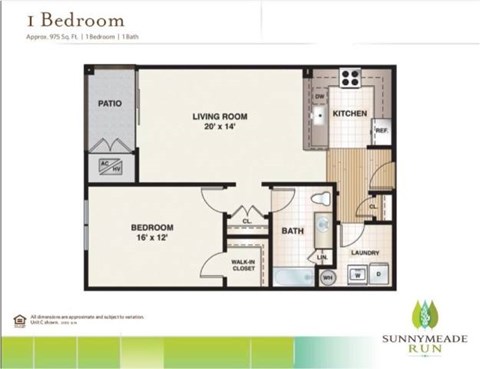 Floor plan for 1 bed, 1 bath, 950 sqft