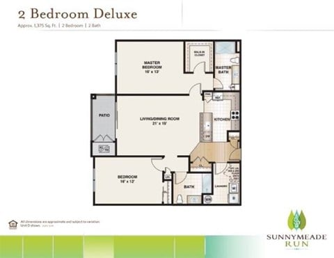 Floor plan for 2 beds, 2 baths, 1369 sqft