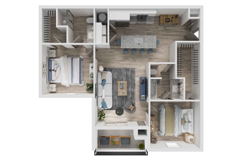 Floor plan for 2 beds, 2 baths, 983 sqft