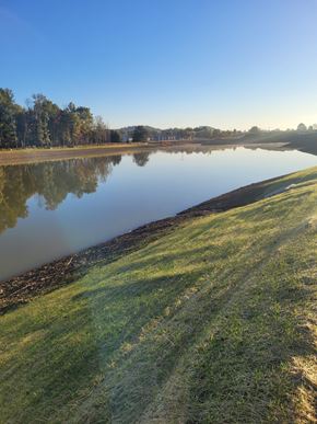Shepherdsville townhouse for rent - A serene landscape with a lake, grassy bank, and trees in the distance.