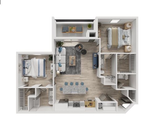 Floor plan for 2 beds, 2.5 baths, 1075 sqft