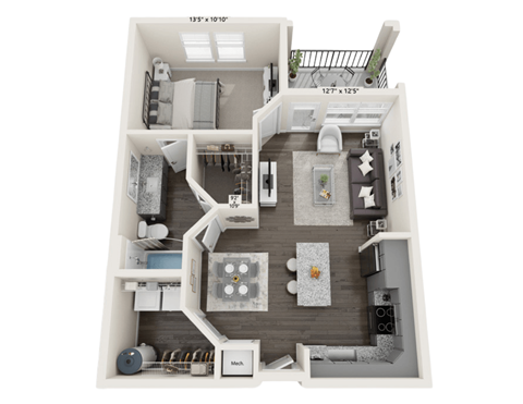 Floor plan for 1 bed, 1 bath, 691 sqft