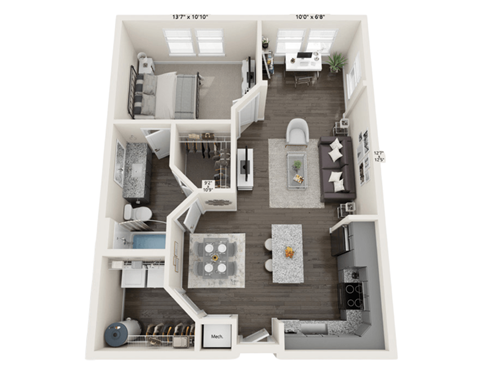 Floor plan for 1 bed, 1 bath, 767 sqft