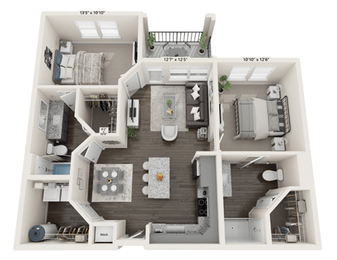 Floor plan for 2 beds, 2 baths, 972 sqft