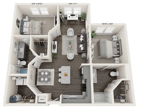 Floor plan for 2 beds, 2 baths, 1049 sqft