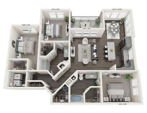 Floor plan for 3 beds, 2 baths, 1462 sqft