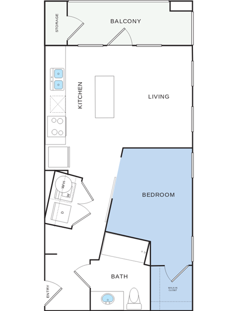 Floor plan for 1 bed, 1 bath, 578 sqft