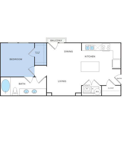 Floor plan for 1 bed, 1 bath, 656 sqft
