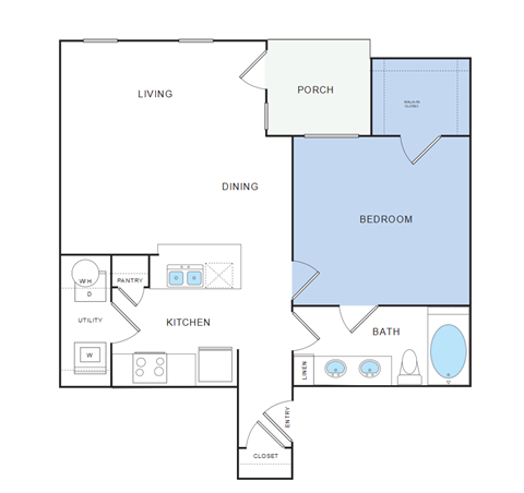 Floor plan for 1 bed, 1 bath, 764 sqft