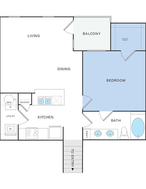 Floor plan for 1 bed, 1 bath, 847 sqft