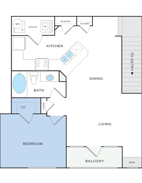 Floor plan for 1 bed, 1 bath, 878 sqft