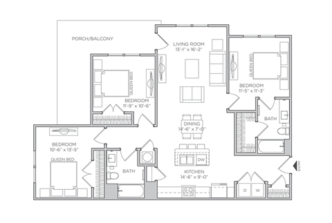 Floor plan for 3 beds, 2 baths, 1243 sqft